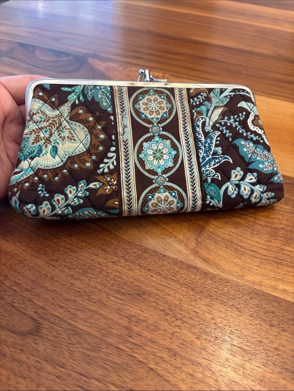 Vera Bradley Paisley Teal Brown Kiss Clasp Double Sided Clutch